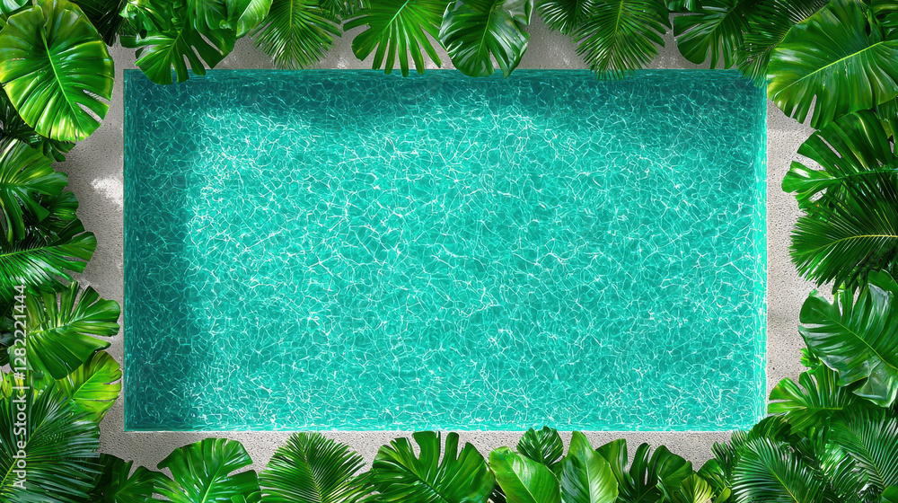 Lush Greenery Surrounds Serene Blue Swimming Pool in Tropical Setting
