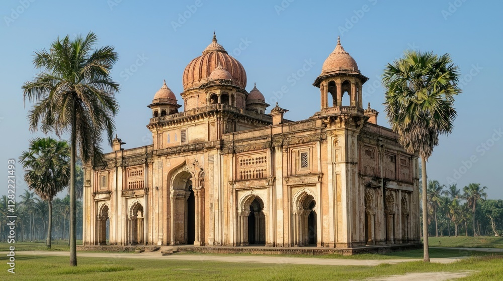 Obraz premium Historic Indian palace exterior with palm trees, clear sky, for historical documentation