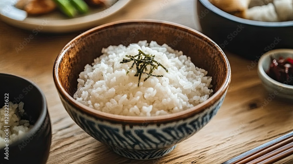 A cozy home setting with karashi mentaiko and freshly cooked rice, served in a traditional Japanese ceramic bowl A cozy home setting with karashi mentaiko and freshly cooked rice, served in a traditional Japanese ceramic bowl