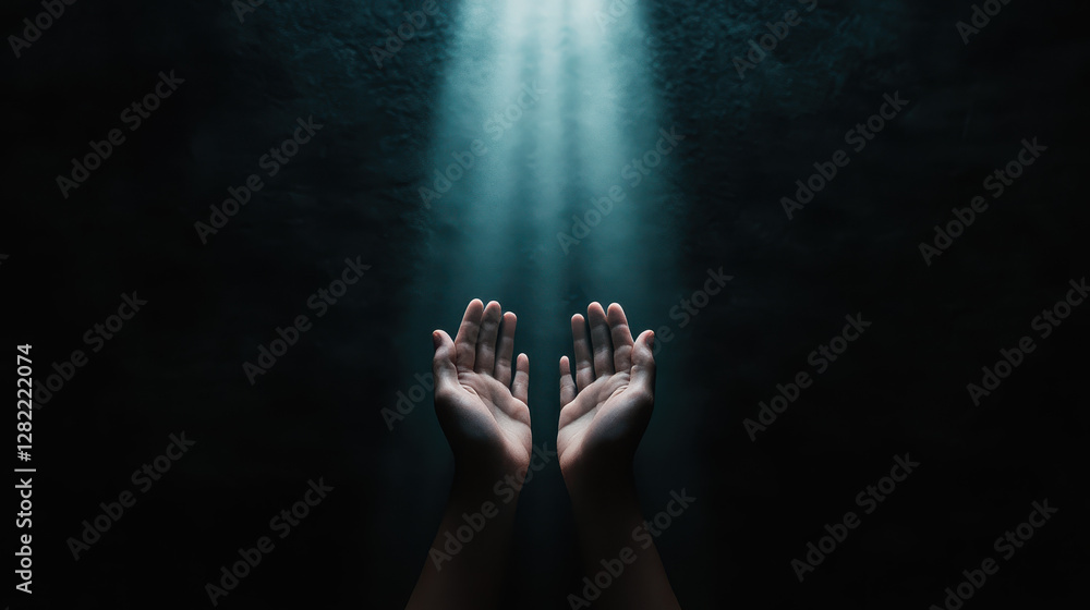 Illuminated Hands Reaching Upward in a Dark Space with Light Rays