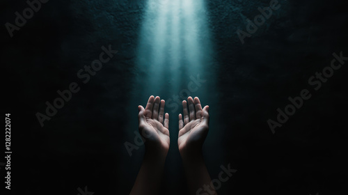 Illuminated Hands Reaching Upward in a Dark Space with Light Rays