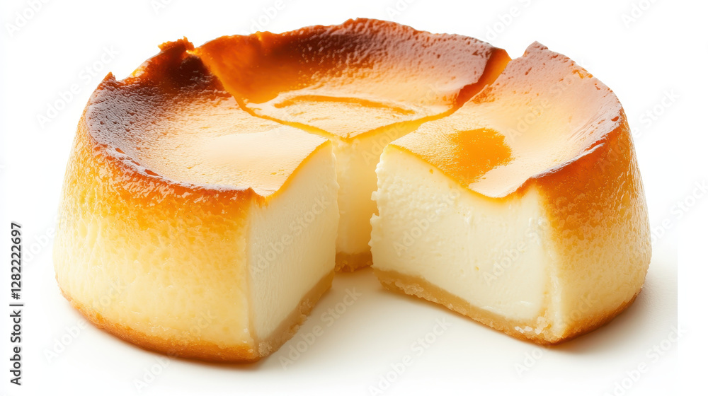 Creamy Flan Dessert with Caramel Topping on a White Background