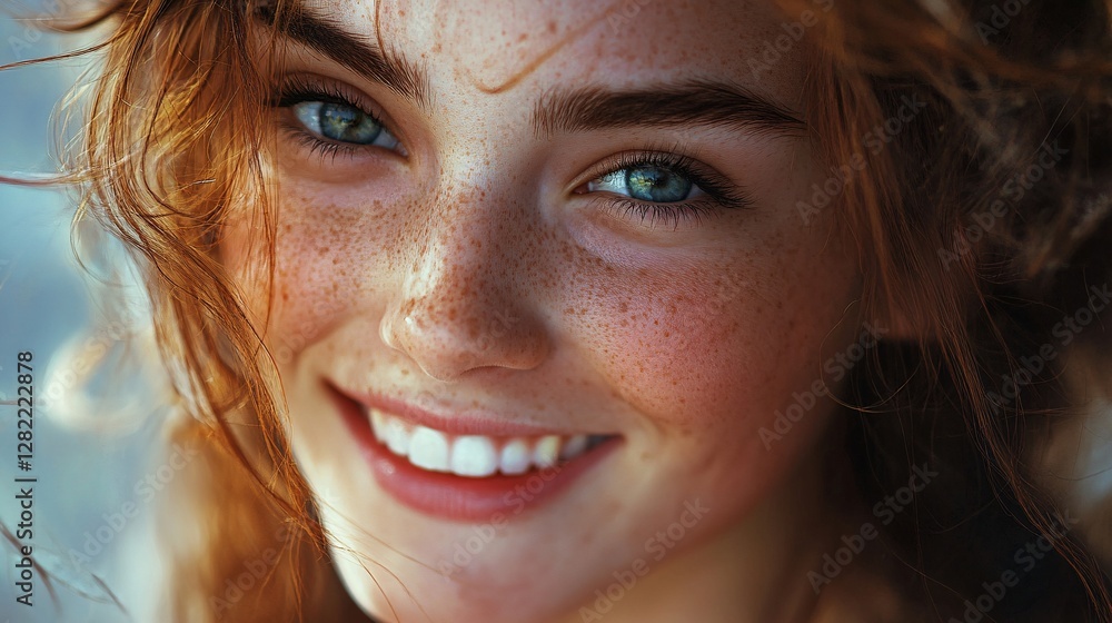 Beautiful redhead woman with freckles smiling close up Beautiful redhead woman with freckles smiling close up
