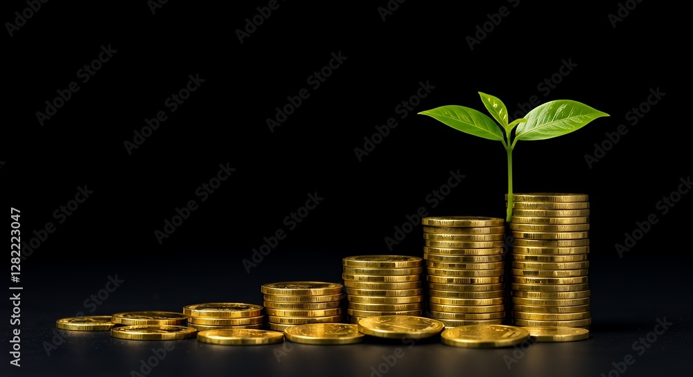 Growing Investment Stacks with Plant Representing Growth on Black Background Growing Investment Stacks with Plant Representing Growth on Black Background