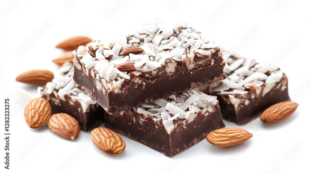 Almond joy bars with coconut, almonds, and chocolate isolated on white background. Almond joy bars with coconut, almonds, and chocolate isolated on white background.