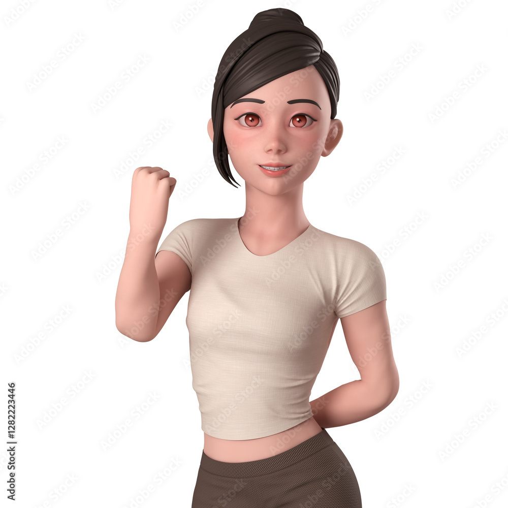 Portrait, half body 3D illustration of a casual girl in brown dressed. shows fist pump pose with left hand Portrait, half body 3D illustration of a casual girl in brown dressed. shows fist pump pose with left hand