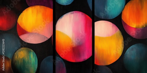 Abstract Colorful Circles and Ovals Triptych Digital Painting Vibrant Background Textures
