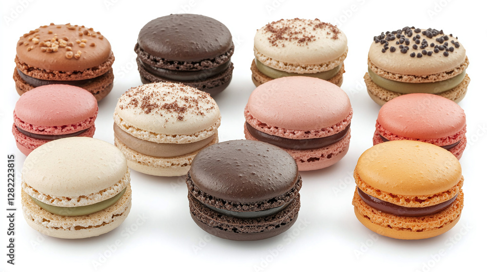 Collection of nine macarons in different colours isolated on white background, food bundle. Collection of nine macarons in different colours isolated on white background, food bundle.