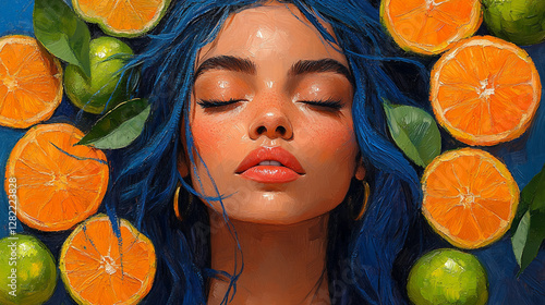 Vibrant oil painting of a woman surrounded by colorful citrus fruits including oranges and limes with expressive artistic details