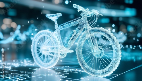 Digital rendering showcases electric bicycle design in a futuristic urban setting with glowing details