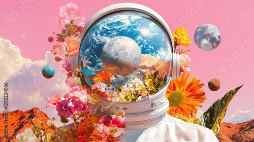 Astronaut Surrounded by Colorful Flowers and Cosmic Elements