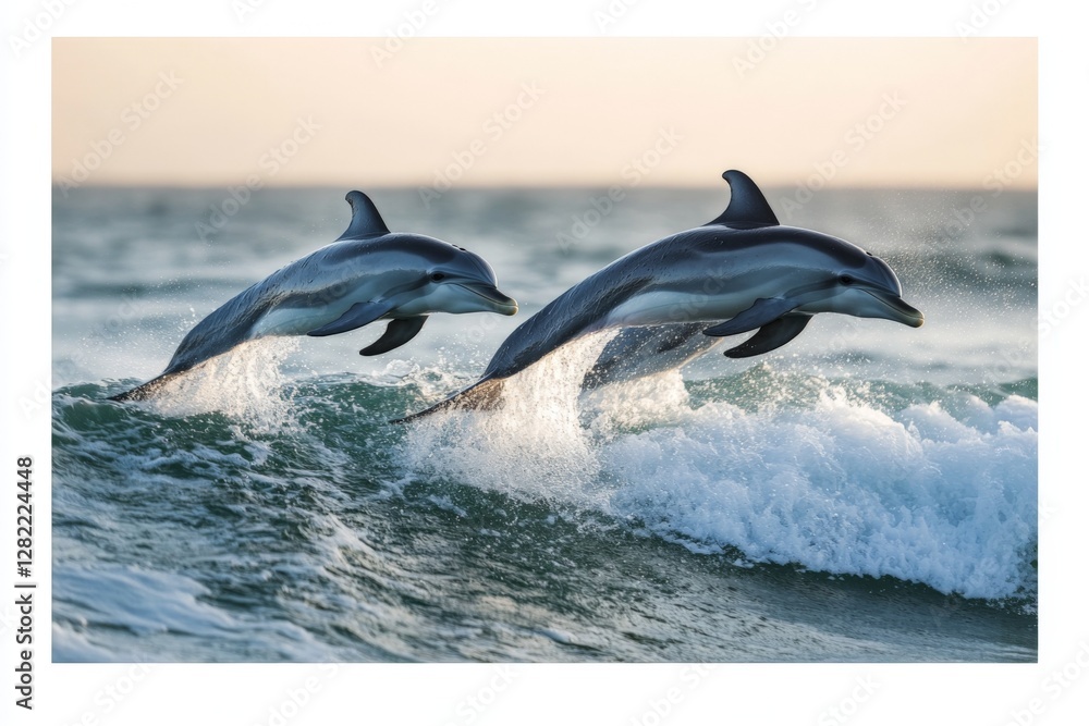 Fototapeta premium Dolphins leap joyfully over ocean waves during sunset in a coastal environment