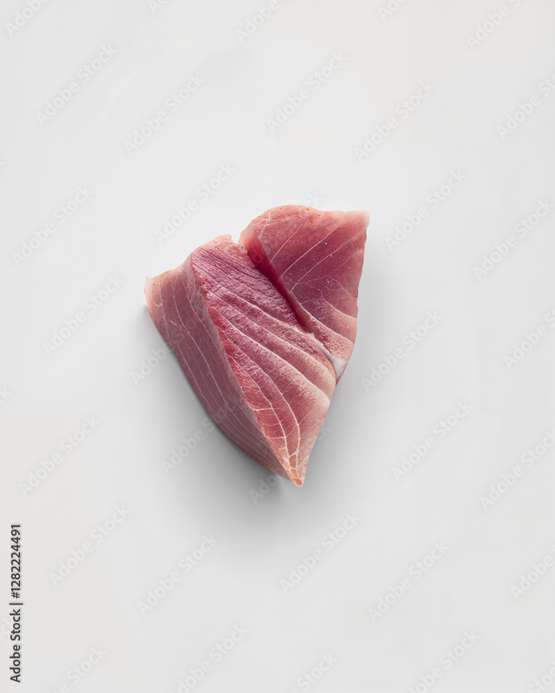 Freshly cut bluefin tuna steak displayed on a clean white surface ready for culinary preparation at a seafood market Freshly cut bluefin tuna steak displayed on a clean white surface ready for culinary preparation at a seafood market