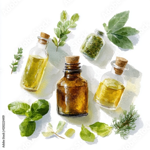 Natural Essential Oils and Herbs in Bottles with Green Leaves