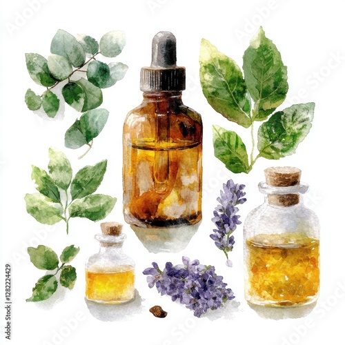 Herbal Essence Bottles with Greenery in Watercolor Style