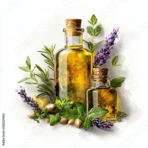 Glass Bottles of Essential Oils with Fresh Herbs and Plants Decor