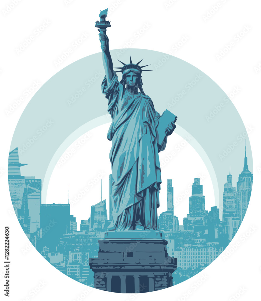 Fototapeta premium vector banner with morning cityscape New York city with american statue of liberty on background of sun in circle