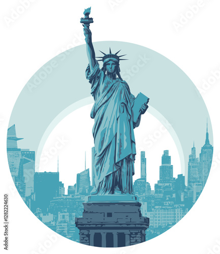 vector banner with morning cityscape New York city with american statue of liberty on background of sun in circle
