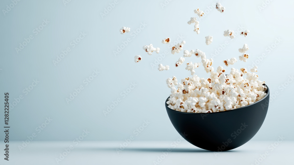 Fluffy Popcorn Kernels Flying Out of a Black Bowl on Blue Background