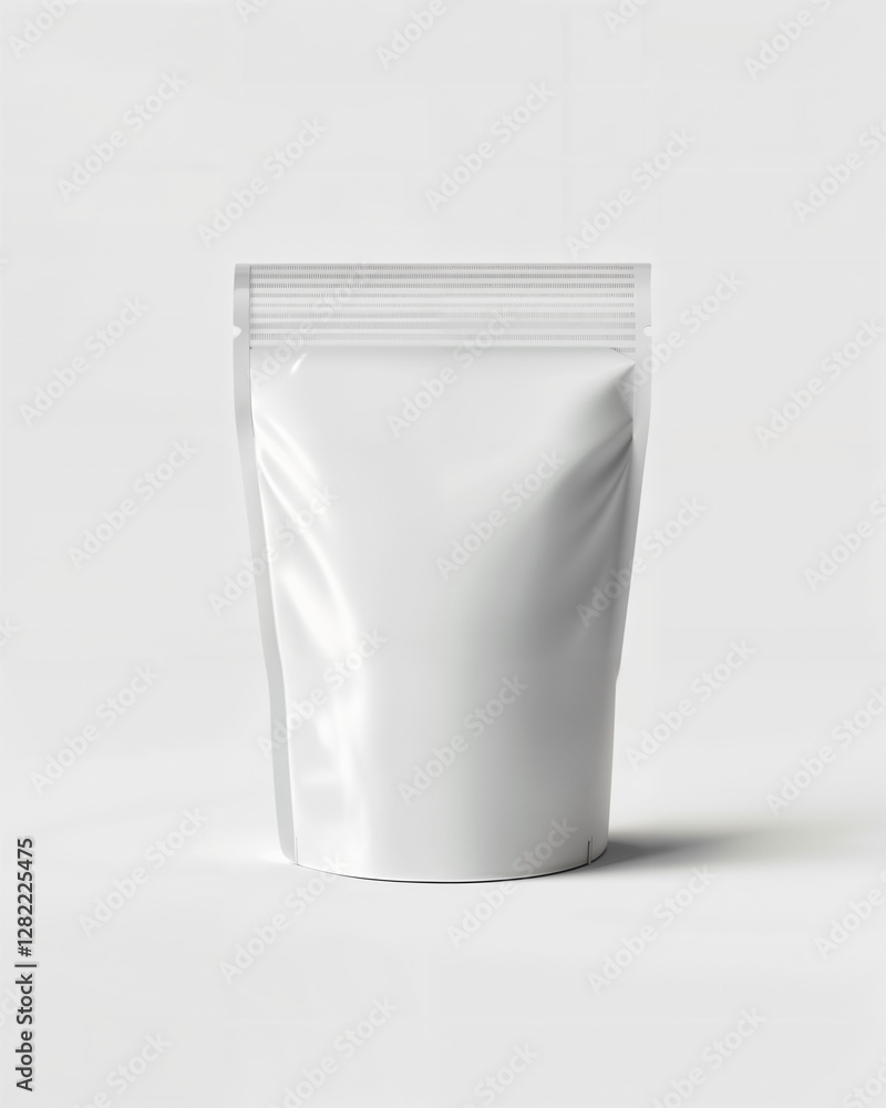 Minimalist white pouch standing upright on a clean surface with soft lighting and simple background Minimalist white pouch standing upright on a clean surface with soft lighting and simple background