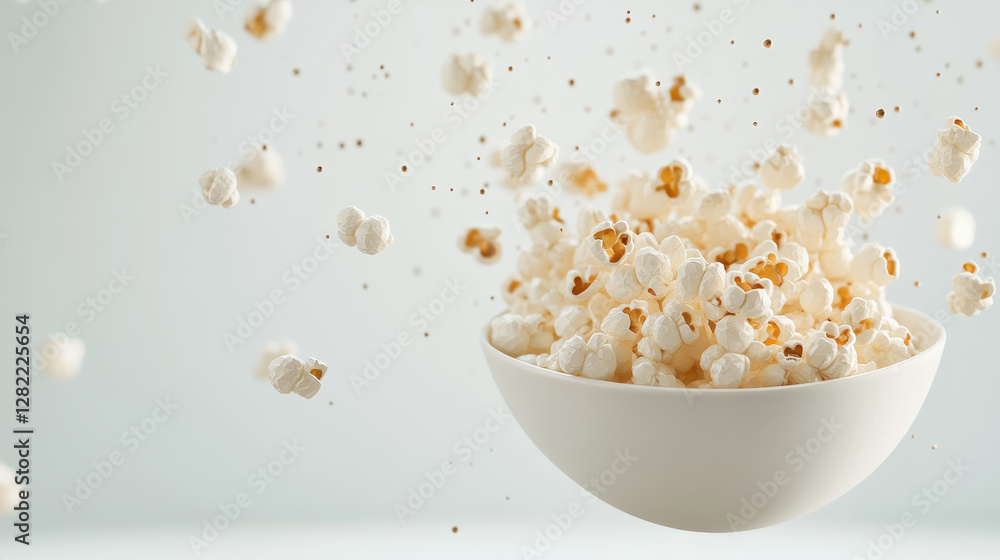 Flying Fresh Popcorn in a White Bowl with Light Background