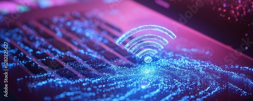 Abstract representation of digital LPWAN Low-Power technology with wireless symbol on a glowing background
