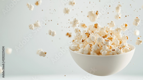 Obraz na płótnie Flying Fresh Popcorn in a White Bowl with Light Background w salonie