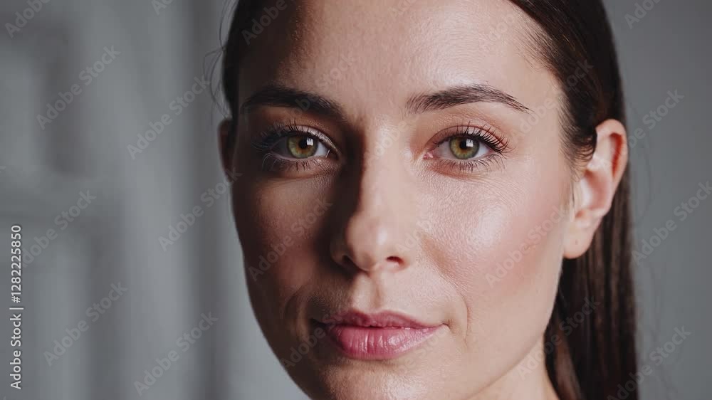 Close-up of a young woman showcasing natural beauty and confidence. Her serene expression and glowing skin highlight a sense of inner peace and self-assurance Close-up of a young woman showcasing natural beauty and confidence. Her serene expression and glowing skin highlight a sense of inner peace and self-assurance