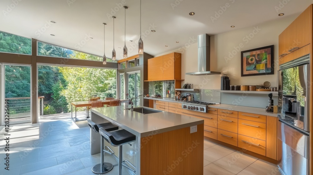 Fototapeta premium Modern Kitchen with Island and Panoramic Forest View
