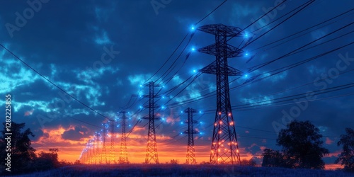 High Voltage Power Lines Twilight Sky Electric Energy Glowing Infrastructure