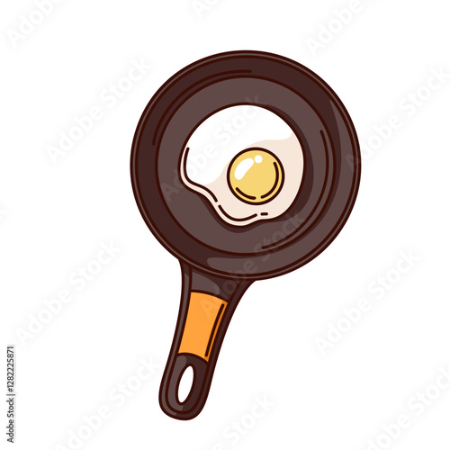 Cartoon frying pan with fried egg. Funny retro egg in skillet to fry for breakfast, top view. Cooking, camping mascot, cartoon morning food sticker of 70s 80s style vector illustration