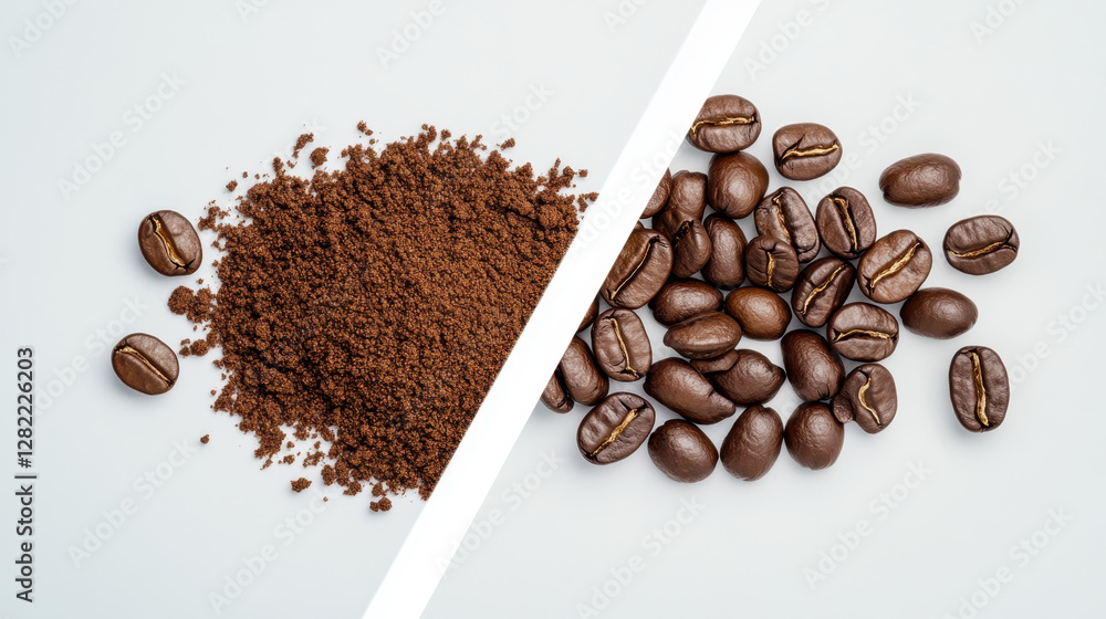 Ground Coffee and Whole Beans Side by Side on Light Background