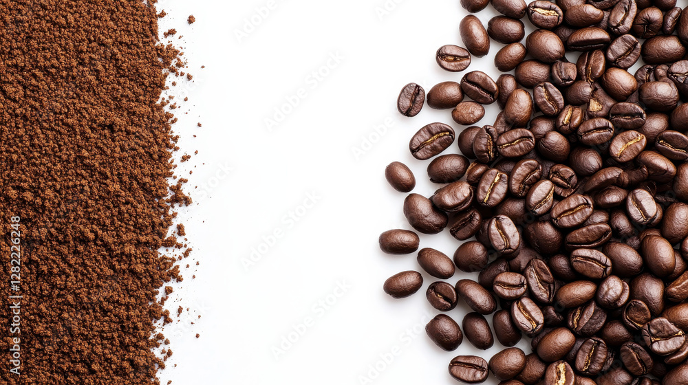 Coffee Powder and Whole Beans on a White Background