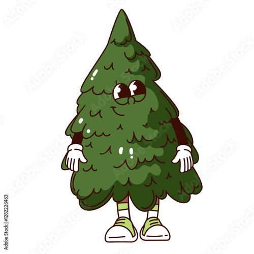 Groovy fir tree cartoon character standing with smile. Funny retro spruce with happy face. Camping in forest, nature mascot, cartoon evergreen tree sticker of 70s 80s style vector illustration