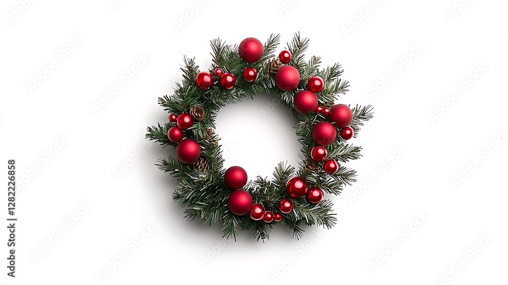 Festive Holiday Ornament Wreath Adorned with Shiny Red Baubles for Christmas Season Celebration Festive Holiday Ornament Wreath Adorned with Shiny Red Baubles for Christmas Season Celebration