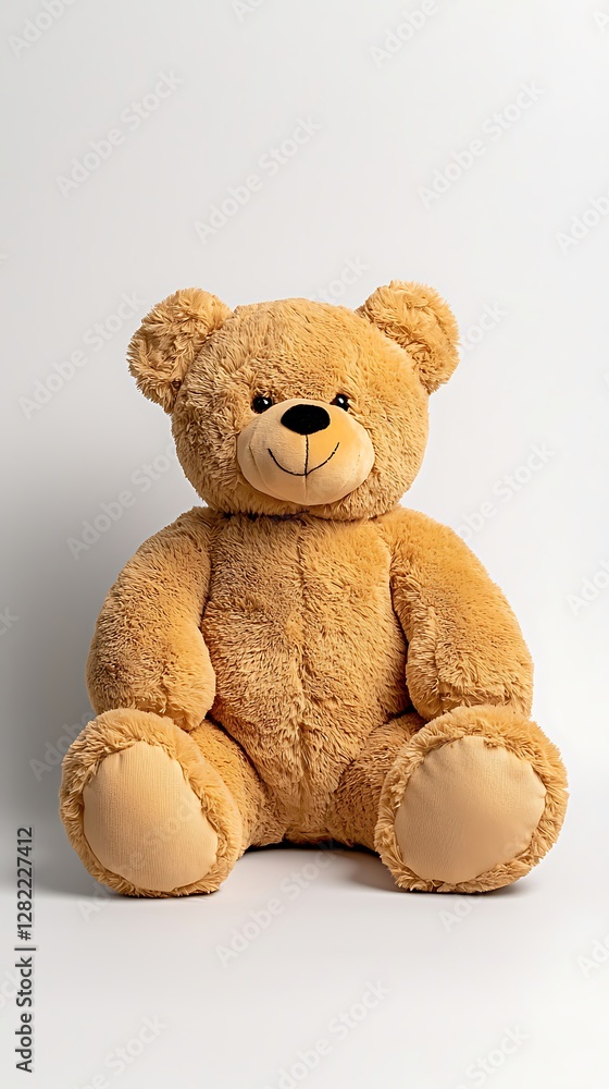 Fototapeta premium Fluffy Brown Teddy Bear Sitting Comfortably on a White Surface Background for Cuteness and Friendship