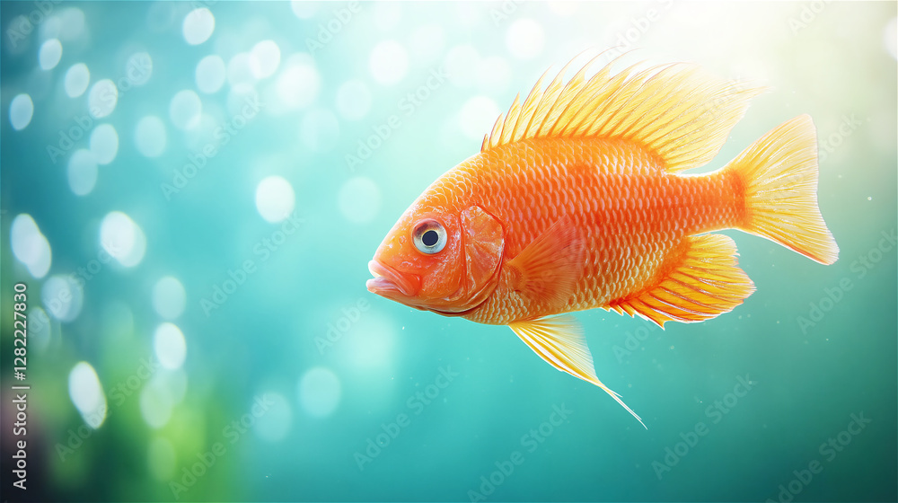 A colorful fish swims gracefully in clear turquoise water, capturing the beauty of aquatic life with soft lighting and vibrant colors. A colorful fish swims gracefully in clear turquoise water, capturing the beauty of aquatic life with soft lighting and vibrant colors.
