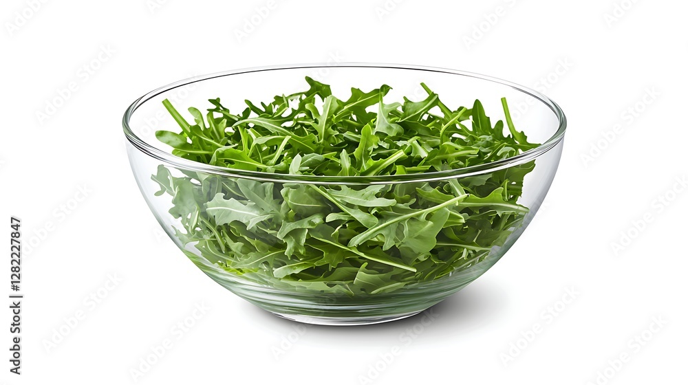 Fresh Arugula in a Clear Glass Bowl Isolated on White Background Ready for Eating in Healthy Lifestyle Fresh Arugula in a Clear Glass Bowl Isolated on White Background Ready for Eating in Healthy Lifestyle