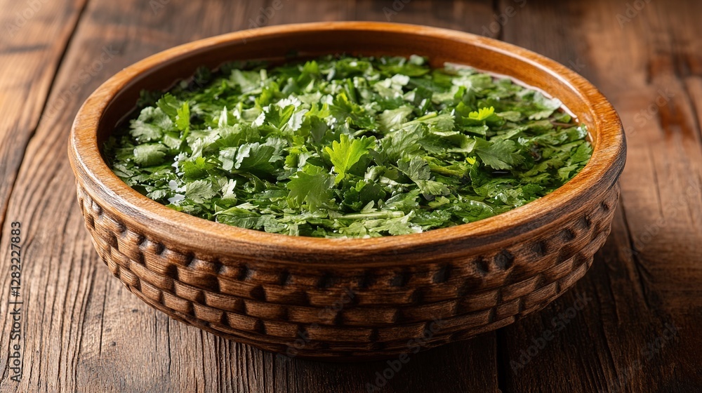 Fresh cilantro soaking in wooden bowl on rustic table Fresh cilantro soaking in wooden bowl on rustic table