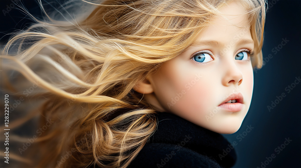 Naklejka premium Portrait of a young girl with soft features and long blonde hair, gazing into the distance with a calm expression against a blurred background.