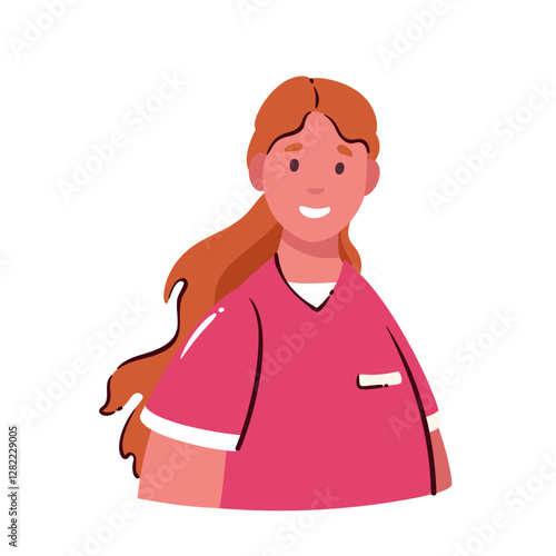 Female nurse cartoon portrait. Funny happy girl with red medical uniform and long hair, nurse smiling for patient. Cartoon cute hospital staff, avatar of young woman nurse vector illustration