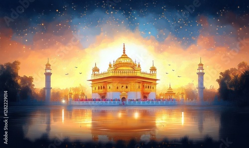 Gurpurab Celebration Vibrant Festival of Guru Nanak Dev Joyous Occasion with Golden Temple and Warm Light