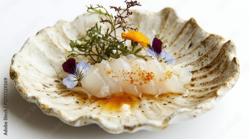 A high-end kaiseki-style dish featuring karashi mentaiko, beautifully plated with edible flowers and a delicate soy sauce drizzle
