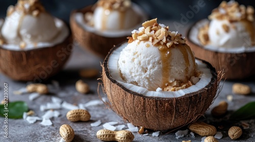 A perfect summer treat with coconut milk ice cream served in a coconut shell, topped with roasted peanuts, coconut flakes, and a drizzle of condensed milk