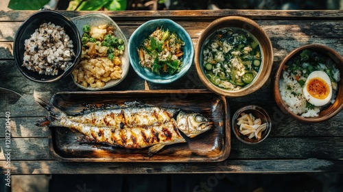A rustic Japanese breakfast set with tamago kake gohan, grilled fish, miso soup, and pickled vegetables on a wooden tray