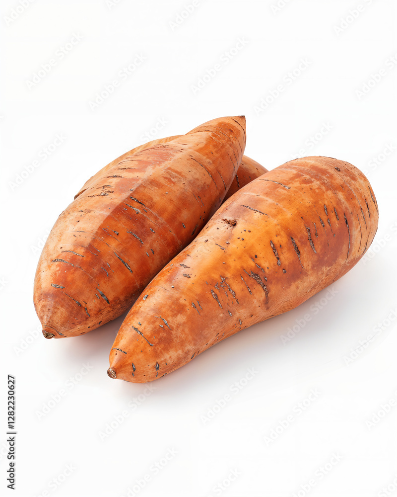 Sweet potatoes on a white background showcasing their rich color and texture in a clean and fresh presentation Sweet potatoes on a white background showcasing their rich color and texture in a clean and fresh presentation