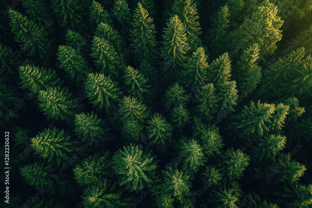 Aerial View of Lush Evergreen Forest with Symmetrical Foliage and Golden Hour Lighting Aerial View of Lush Evergreen Forest with Symmetrical Foliage and Golden Hour Lighting