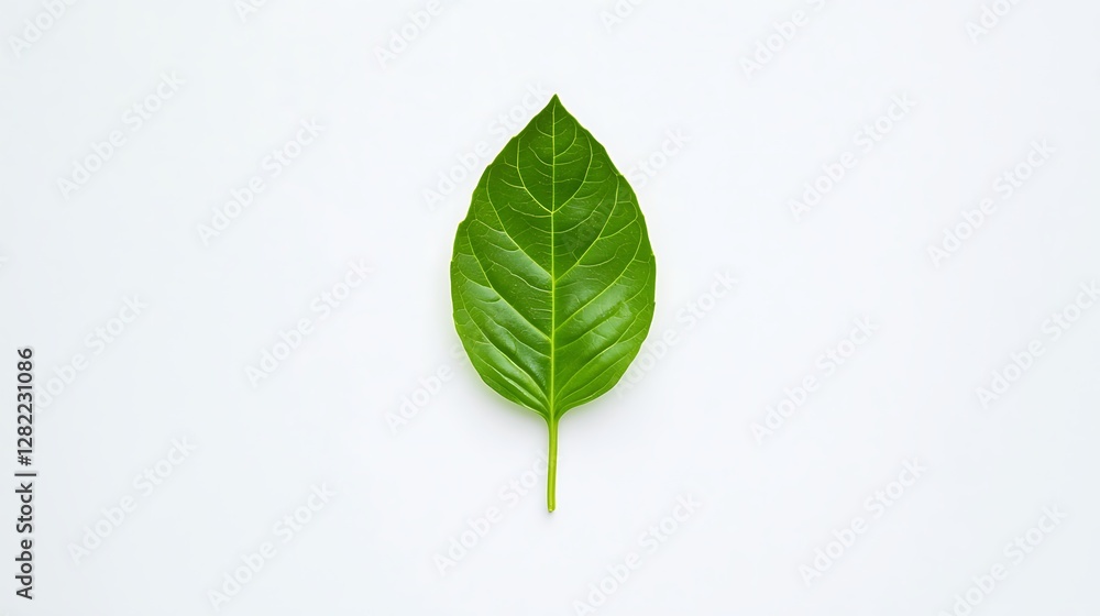 Green Leaf Isolated on White Backdrop, Natural Organic Botanical Single Blade for Herbal Remedies and Healthy Lifestyle Green Leaf Isolated on White Backdrop, Natural Organic Botanical Single Blade for Herbal Remedies and Healthy Lifestyle