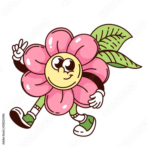 Groovy daisy flower cartoon character walking with V fingers. Funny retro flower showing peace sign. Summer, hippie mascot, cartoon hippy chamomile sticker of 70s 80s style vector illustration