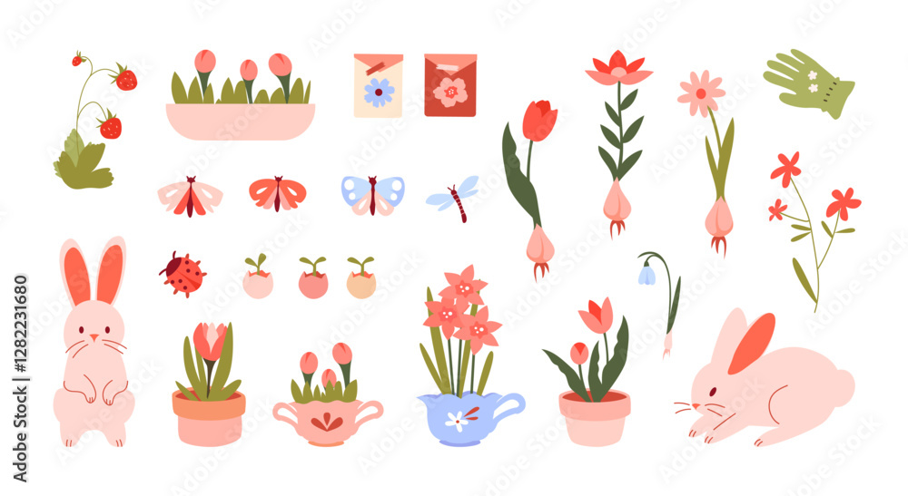 A set of cute spring flowers in pots and with bulbs, butterflies, sprouts in eggshells, sweet rabbits. Gardening collection A set of cute spring flowers in pots and with bulbs, butterflies, sprouts in eggshells, sweet rabbits. Gardening collection